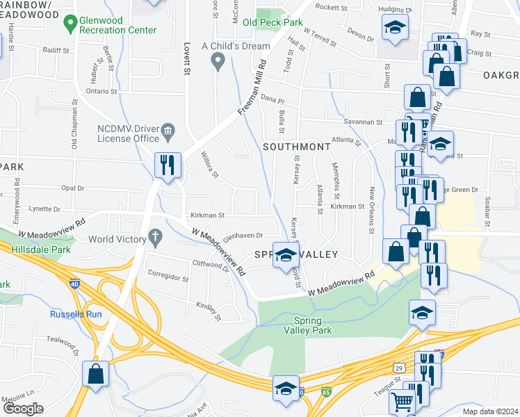 map of restaurants, bars, coffee shops, grocery stores, and more near 2019 Rath Street in Greensboro