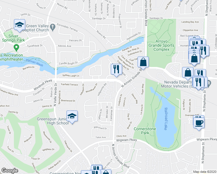 map of restaurants, bars, coffee shops, grocery stores, and more near 1851 Hillpointe Road in Henderson