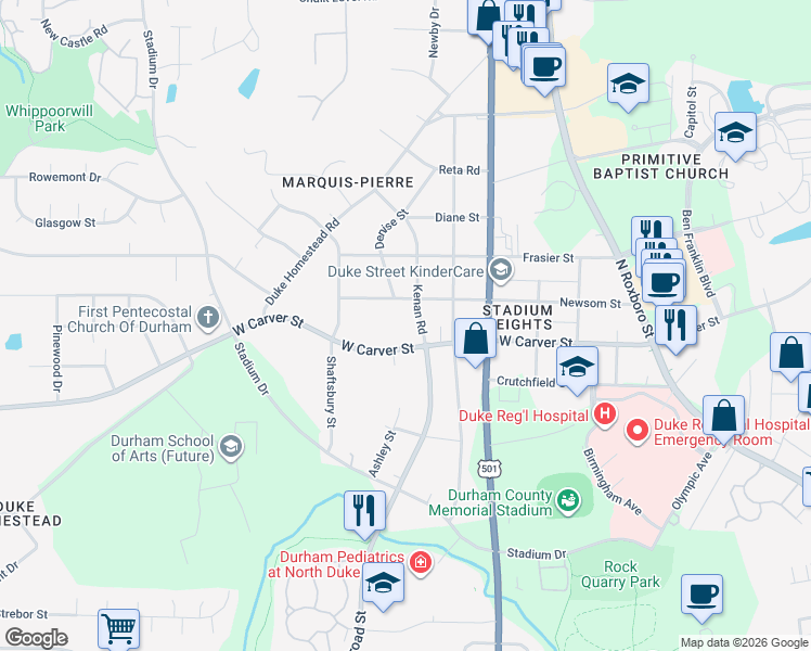 map of restaurants, bars, coffee shops, grocery stores, and more near 3009 Kenan Road in Durham