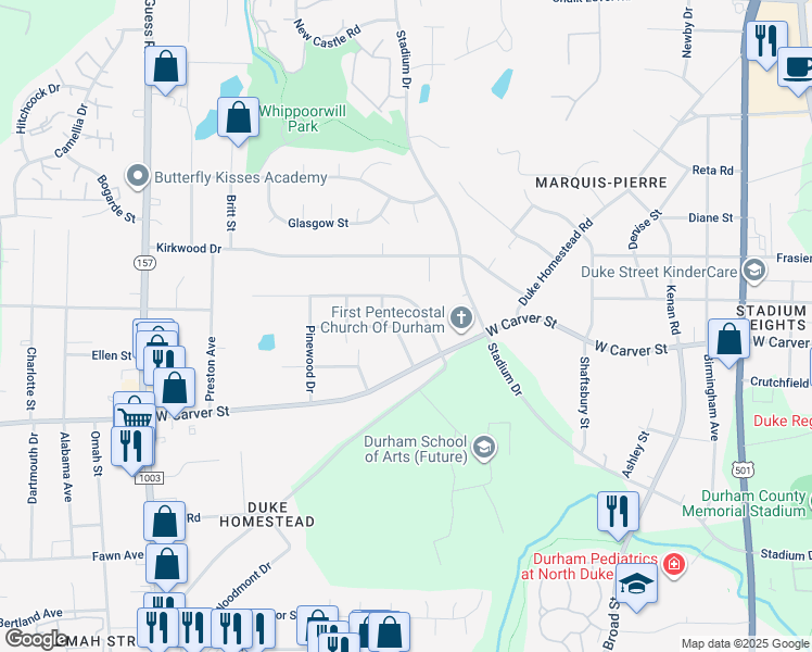 map of restaurants, bars, coffee shops, grocery stores, and more near 2510 Richwood Road in Durham