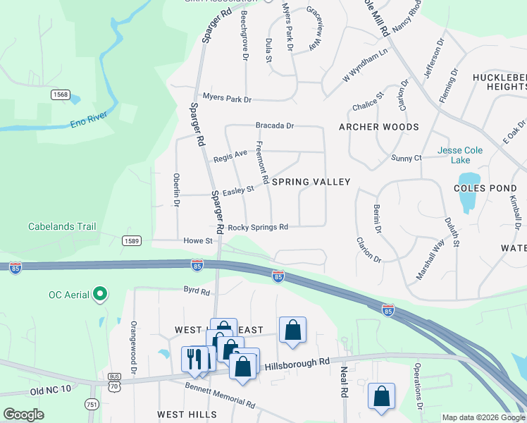map of restaurants, bars, coffee shops, grocery stores, and more near 2607 Freemont Road in Durham