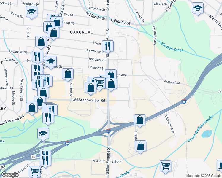 map of restaurants, bars, coffee shops, grocery stores, and more near in Greensboro