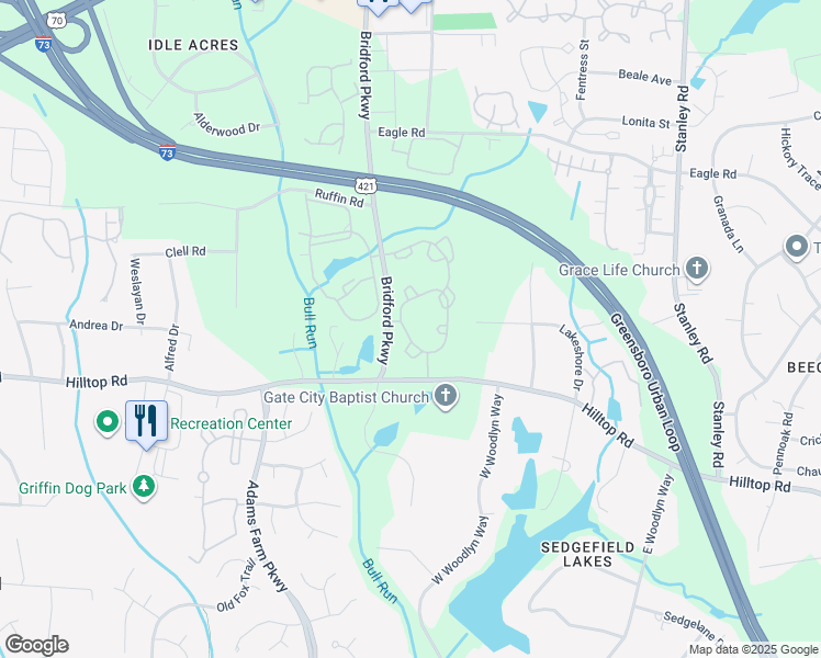 map of restaurants, bars, coffee shops, grocery stores, and more near 1521 Bridford Parkway in Greensboro