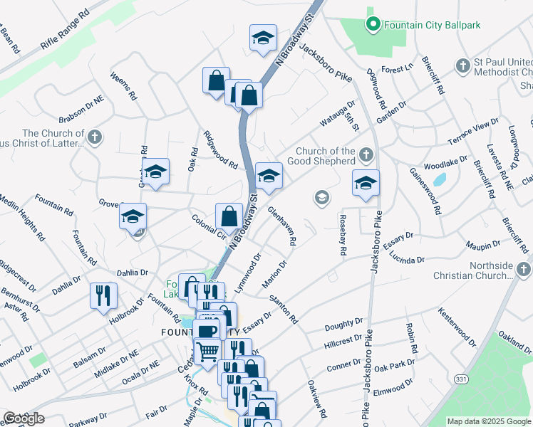 map of restaurants, bars, coffee shops, grocery stores, and more near 3216 Garden Drive in Knoxville