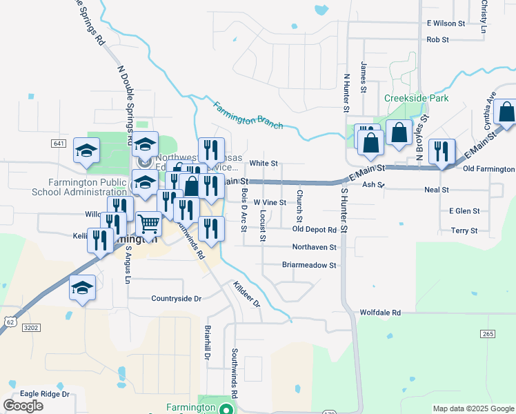 map of restaurants, bars, coffee shops, grocery stores, and more near 56 Bois D Arc Street in Farmington