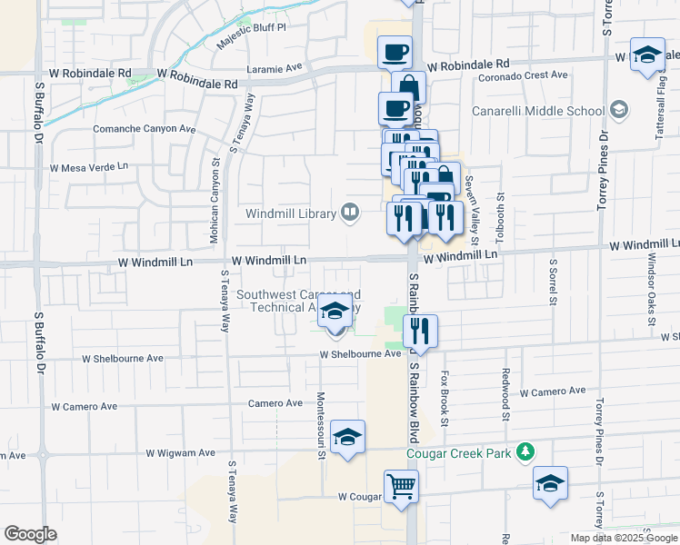 map of restaurants, bars, coffee shops, grocery stores, and more near 8124 Lake Geneva Court in Las Vegas