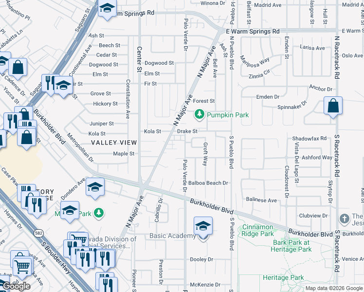 map of restaurants, bars, coffee shops, grocery stores, and more near 805 Palo Verde Drive in Henderson