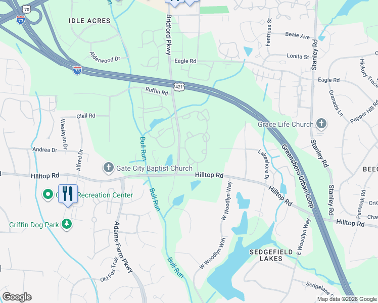 map of restaurants, bars, coffee shops, grocery stores, and more near 1521 Bridford Parkway in Greensboro