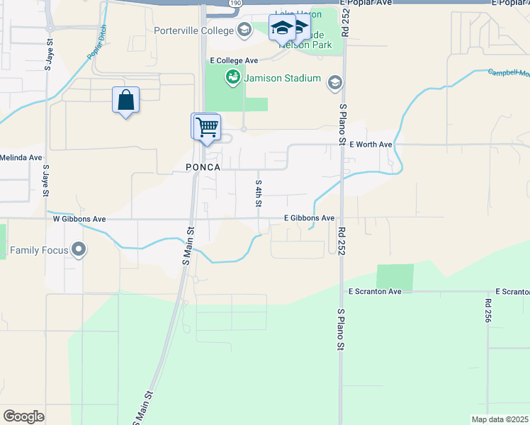 map of restaurants, bars, coffee shops, grocery stores, and more near 190 East Gibbons Avenue in Porterville