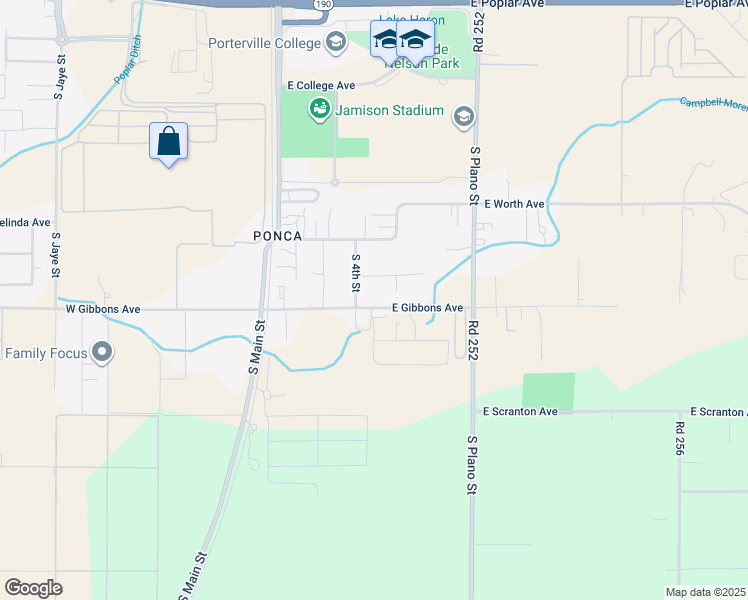 map of restaurants, bars, coffee shops, grocery stores, and more near 190 East Gibbons Avenue in Porterville