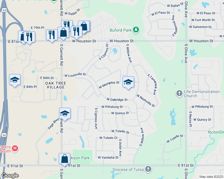 map of restaurants, bars, coffee shops, grocery stores, and more near 1311 South Aster Place in Broken Arrow