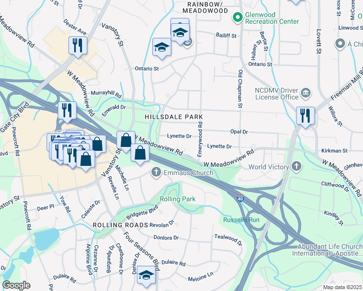 map of restaurants, bars, coffee shops, grocery stores, and more near 1614 West Meadowview Road in Greensboro