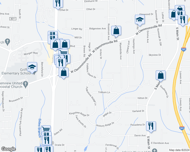 map of restaurants, bars, coffee shops, grocery stores, and more near 3690 Fiddlers Glenn Court in Winston-Salem