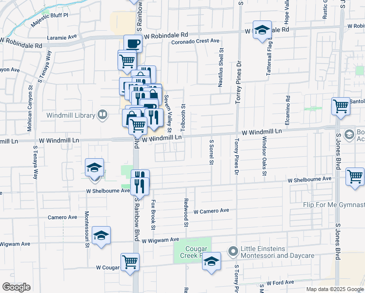 map of restaurants, bars, coffee shops, grocery stores, and more near 6767 West Windmill Lane in Las Vegas