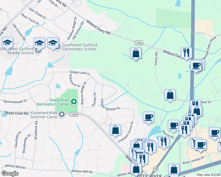 map of restaurants, bars, coffee shops, grocery stores, and more near 3426 Eva Trellis Court in High Point