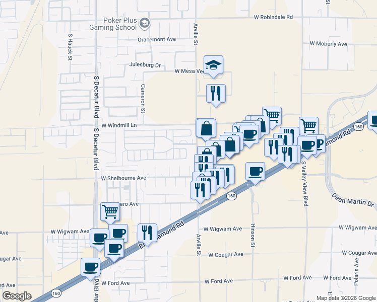 map of restaurants, bars, coffee shops, grocery stores, and more near 8175 Arville Street in Las Vegas