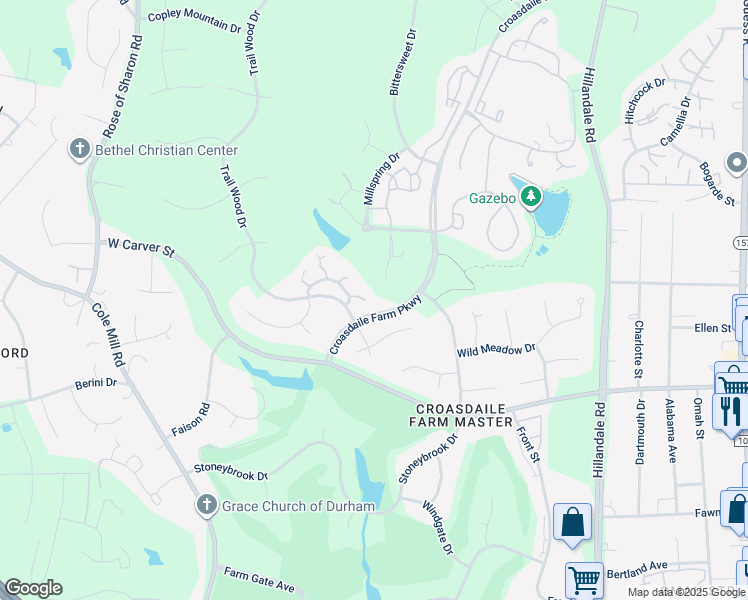 map of restaurants, bars, coffee shops, grocery stores, and more near 403 Cedar Ridge Way in Durham