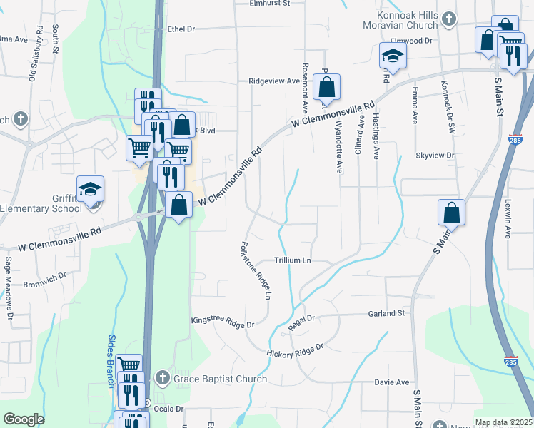 map of restaurants, bars, coffee shops, grocery stores, and more near 2529 Fiddlers Glenn Drive in Winston-Salem