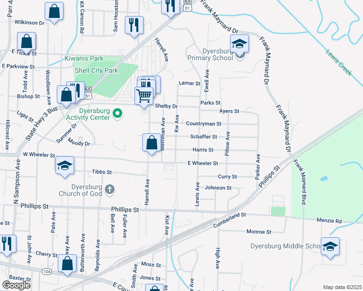 map of restaurants, bars, coffee shops, grocery stores, and more near 1600 Harris Street in Dyersburg