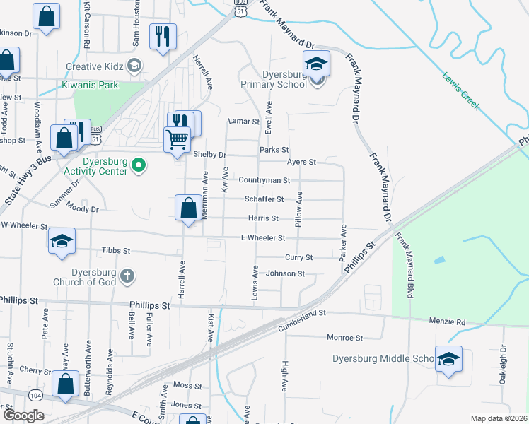 map of restaurants, bars, coffee shops, grocery stores, and more near 1726 Harris Street in Dyersburg