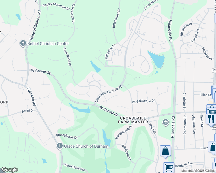 map of restaurants, bars, coffee shops, grocery stores, and more near 404 Cedar Ridge Way in Durham
