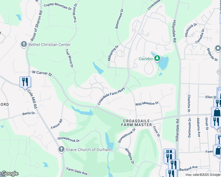 map of restaurants, bars, coffee shops, grocery stores, and more near 403 Cedar Ridge Way in Durham