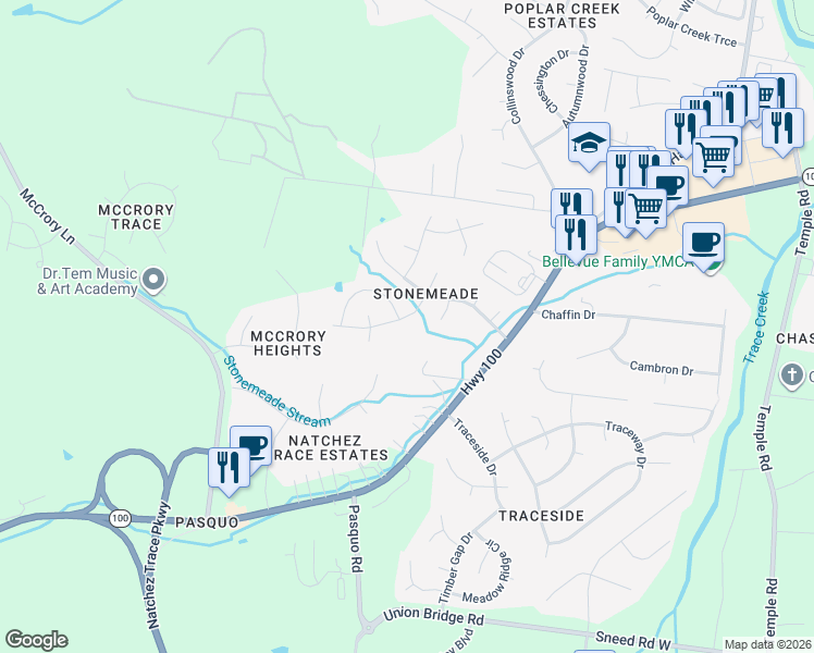 map of restaurants, bars, coffee shops, grocery stores, and more near 5117 Millbrook Drive in Nashville
