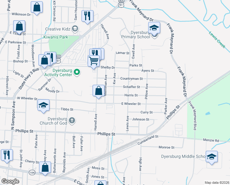 map of restaurants, bars, coffee shops, grocery stores, and more near 1600 Harris Street in Dyersburg