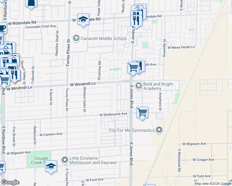 map of restaurants, bars, coffee shops, grocery stores, and more near 6207 Mount Palomar Avenue in Las Vegas
