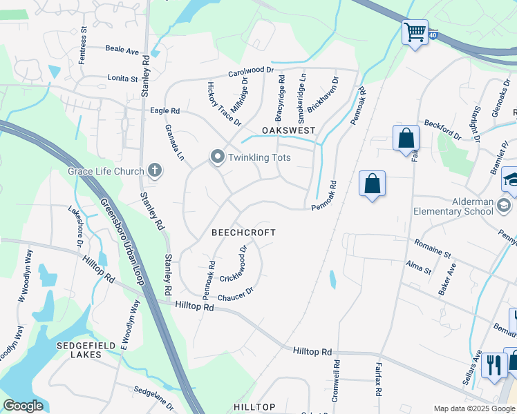 map of restaurants, bars, coffee shops, grocery stores, and more near 4721 Pennoak Road in Greensboro