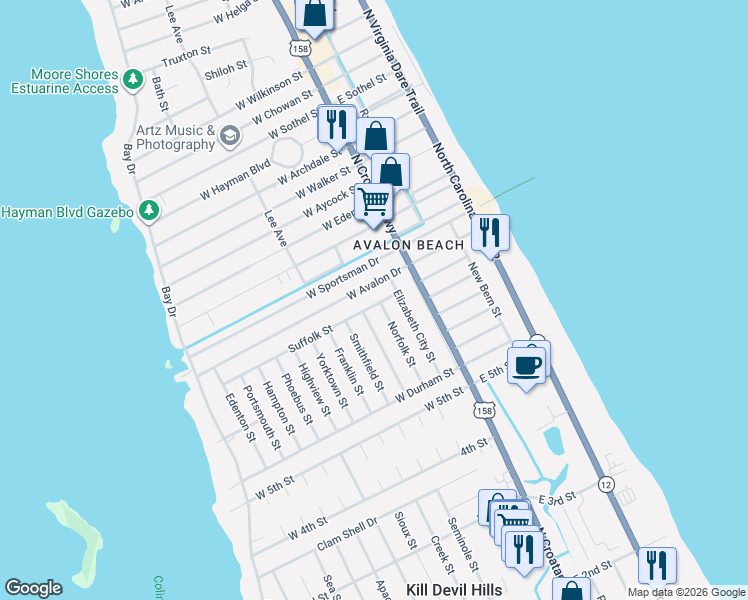 map of restaurants, bars, coffee shops, grocery stores, and more near 303 Suffolk Street in Kill Devil Hills
