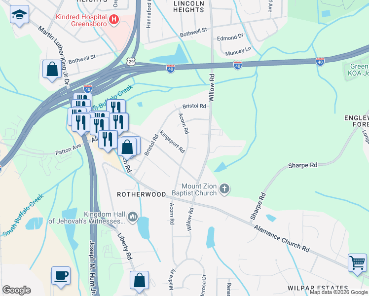 map of restaurants, bars, coffee shops, grocery stores, and more near 1321 Kingsport Road in Greensboro
