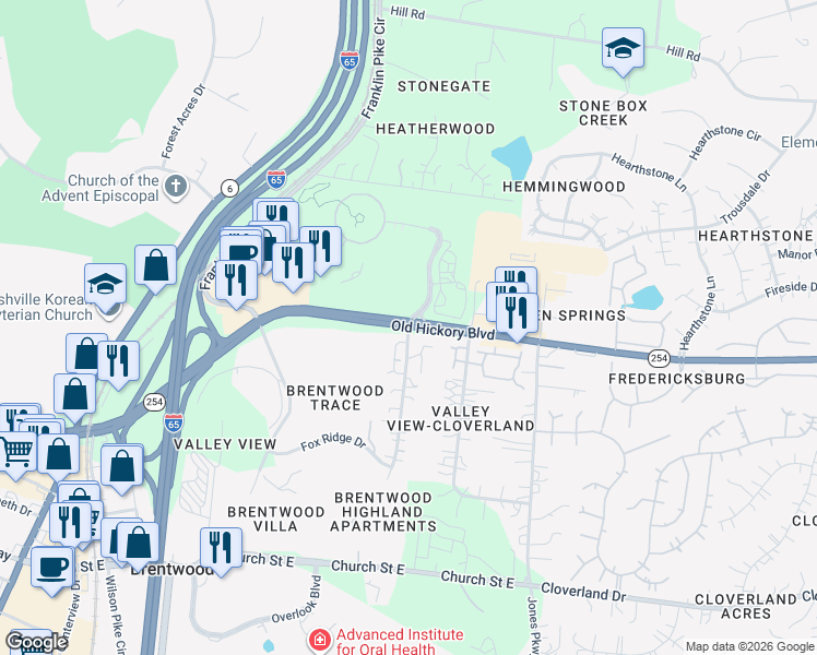map of restaurants, bars, coffee shops, grocery stores, and more near 729 Old Hickory Boulevard in Brentwood