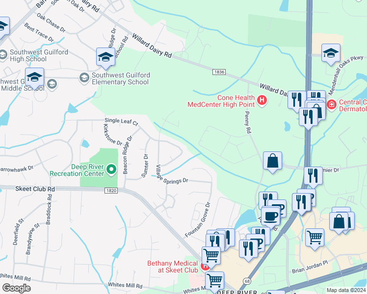 map of restaurants, bars, coffee shops, grocery stores, and more near 3721 Single Leaf Circle in High Point