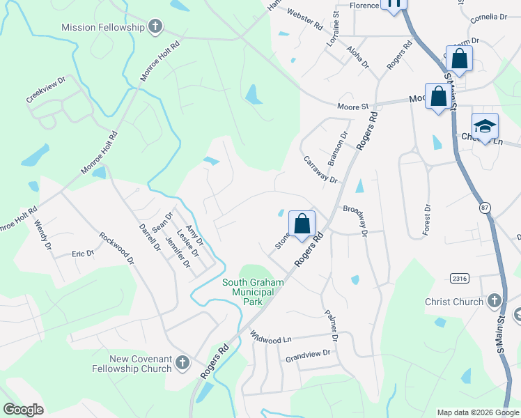 map of restaurants, bars, coffee shops, grocery stores, and more near 640 Williamsdale Rd in Graham