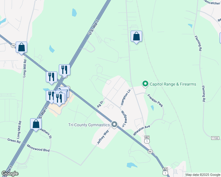 map of restaurants, bars, coffee shops, grocery stores, and more near 213 Ag Drive in Youngsville