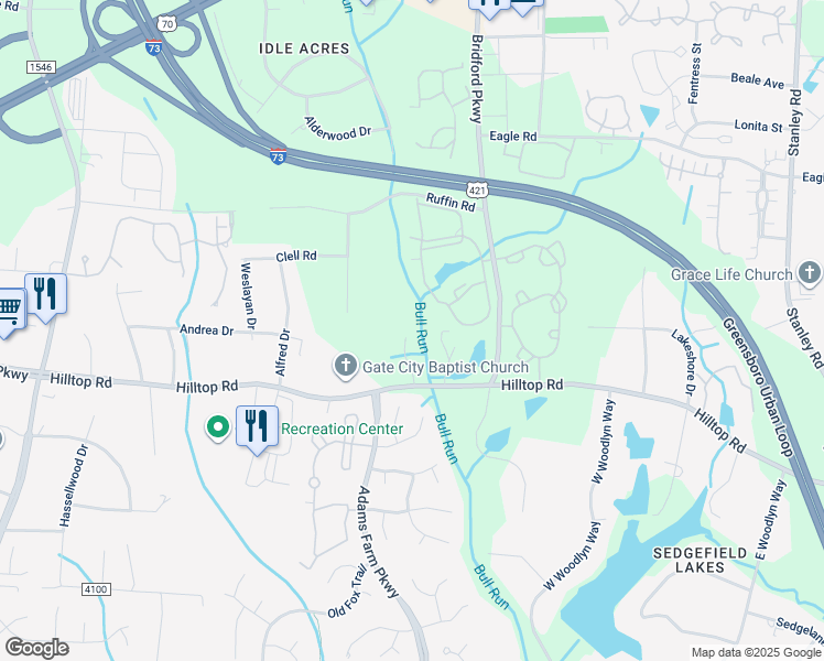 map of restaurants, bars, coffee shops, grocery stores, and more near 5234 Hilltop Road in Jamestown