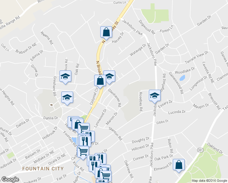 map of restaurants, bars, coffee shops, grocery stores, and more near 3216 Garden Drive in Knoxville