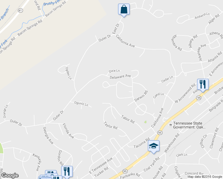 map of restaurants, bars, coffee shops, grocery stores, and more near 105 Delmar Circle in Oak Ridge