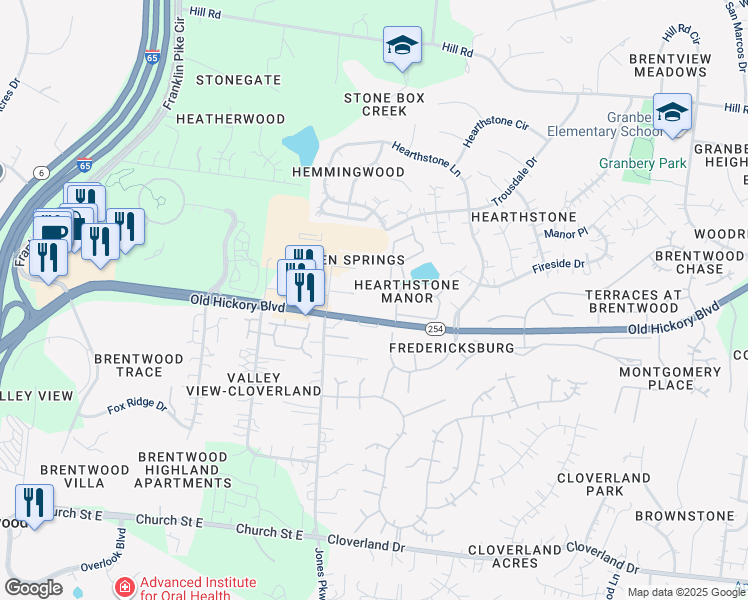 map of restaurants, bars, coffee shops, grocery stores, and more near 307B Seven Springs Way in Brentwood