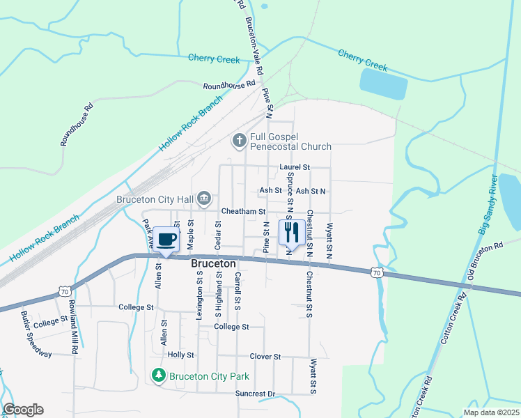 map of restaurants, bars, coffee shops, grocery stores, and more near 370 Cheatham Street in Bruceton