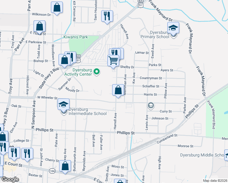map of restaurants, bars, coffee shops, grocery stores, and more near 723 Harrell Avenue in Dyersburg