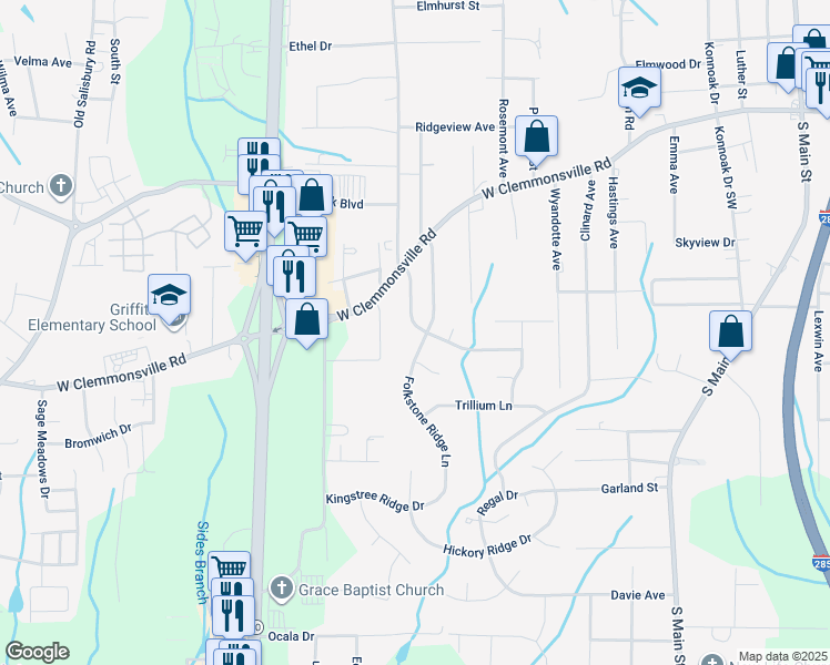 map of restaurants, bars, coffee shops, grocery stores, and more near 2489 Fiddlers Glenn Drive in Winston-Salem