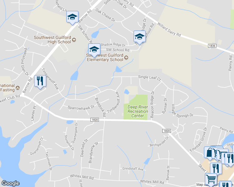 map of restaurants, bars, coffee shops, grocery stores, and more near 3324 Timber Wolf Avenue in High Point