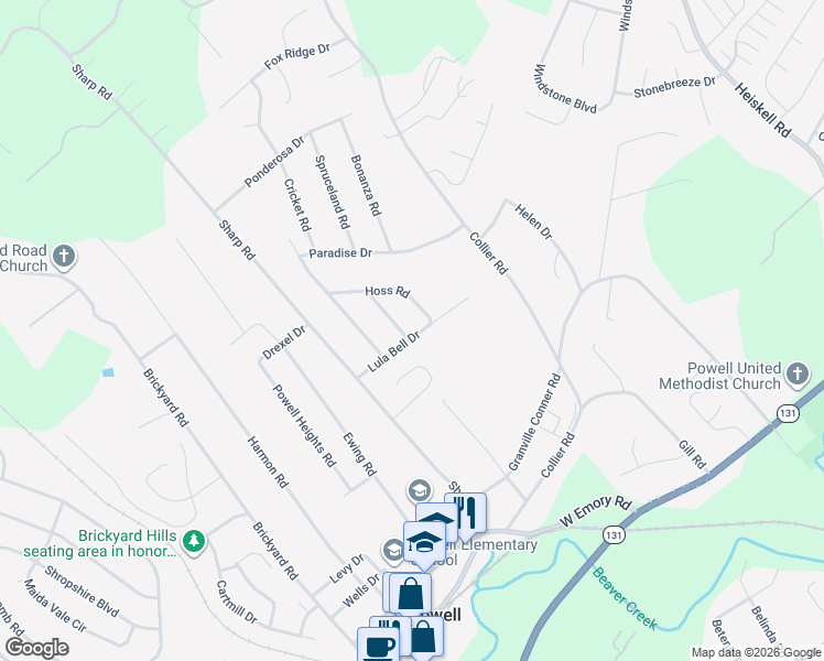map of restaurants, bars, coffee shops, grocery stores, and more near 1208 Lula Bell Drive in Powell