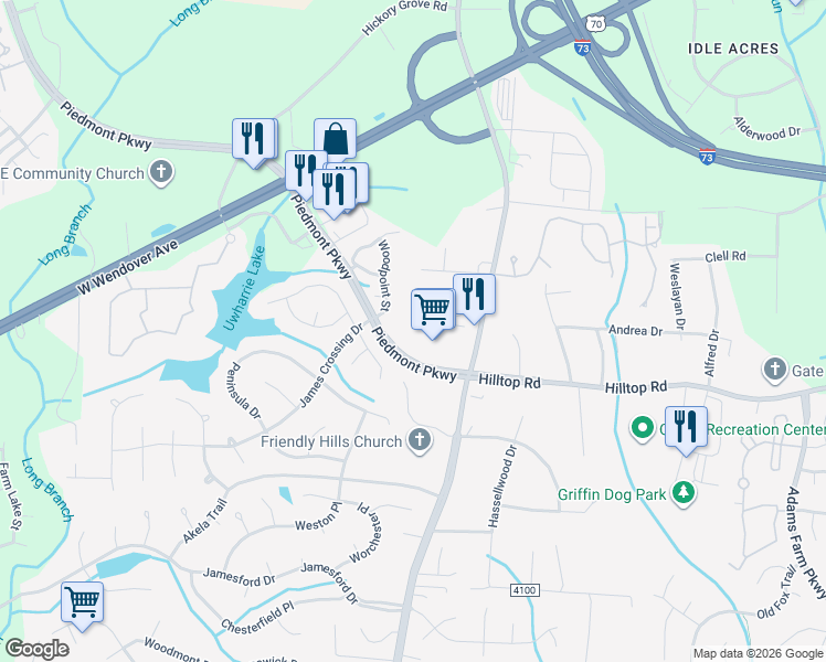 map of restaurants, bars, coffee shops, grocery stores, and more near 4917 101 Piedmont Parkway in Jamestown