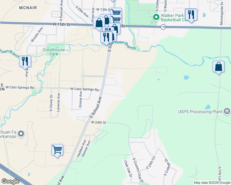 map of restaurants, bars, coffee shops, grocery stores, and more near 290-298 West 22nd Street in Fayetteville