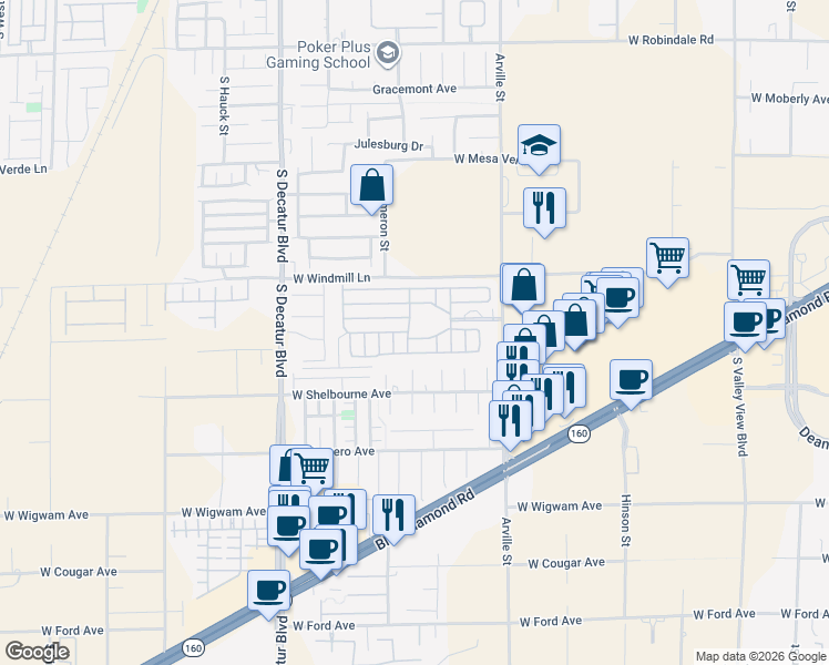 map of restaurants, bars, coffee shops, grocery stores, and more near 8175 Arville Street in Las Vegas