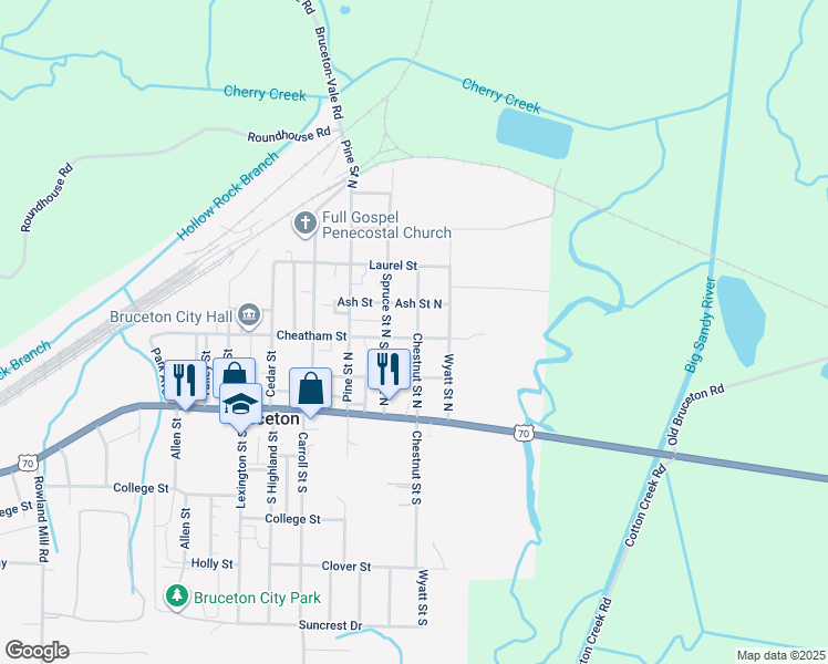 map of restaurants, bars, coffee shops, grocery stores, and more near 568 Cheatham Street in Bruceton