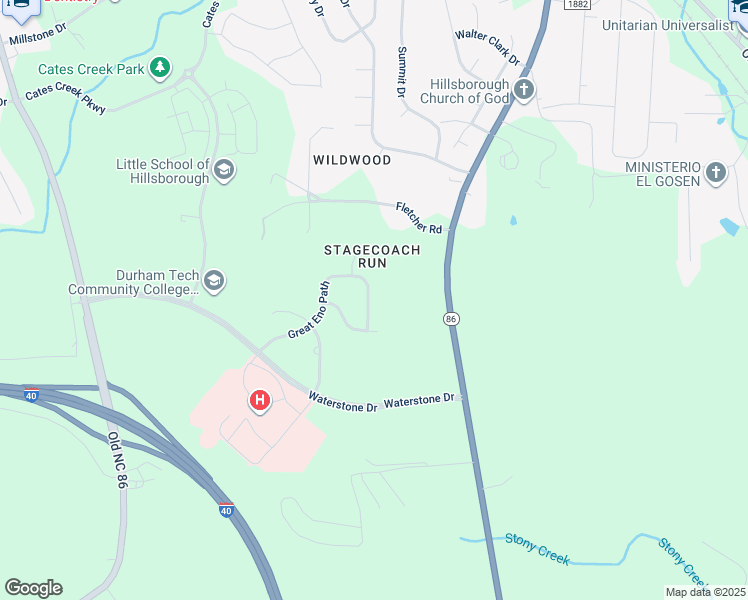 map of restaurants, bars, coffee shops, grocery stores, and more near 721 Great Eno Path in Hillsborough